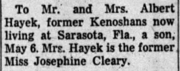 Birth notice for G R Hayek